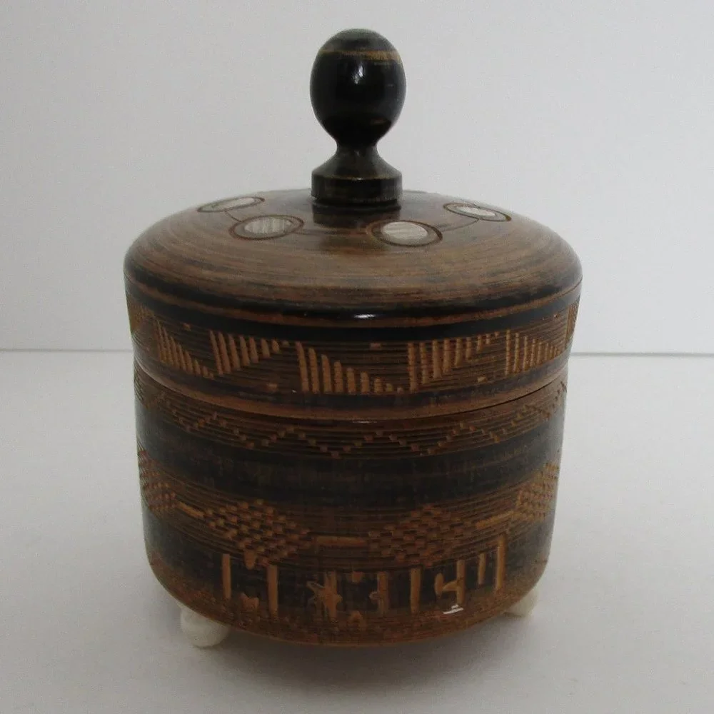 souvenir carved wood footed trinket box